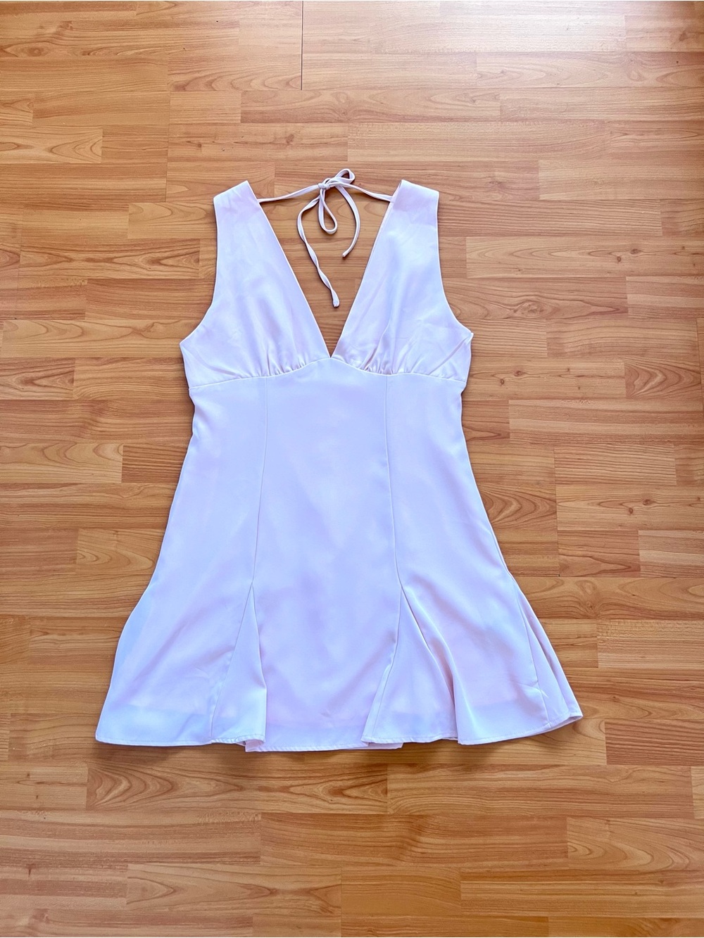 Cider Blush Pink Low V Neck Pleated Mini Dress